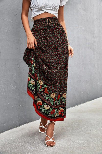 Floral Tied Maxi Skirt - SteelBlue