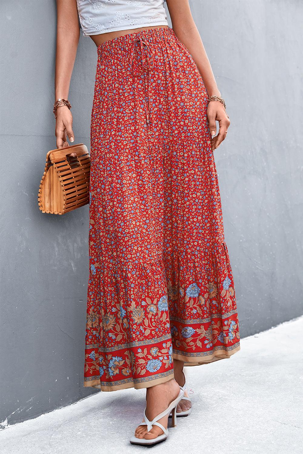Floral Tied Maxi Skirt - SteelBlue