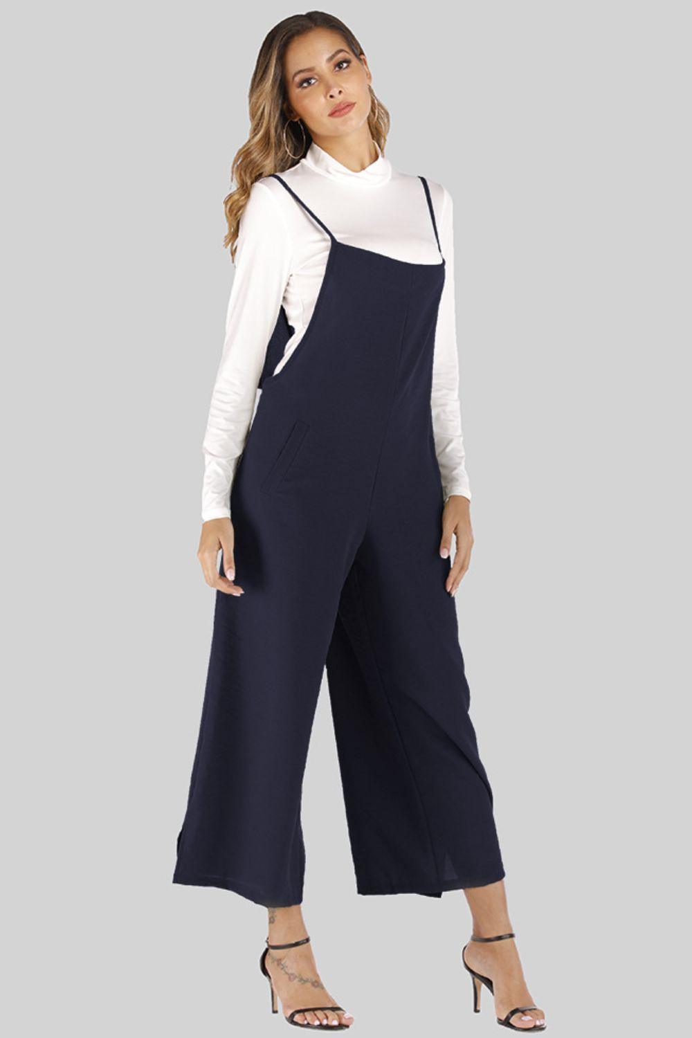 Full Size Cropped Wide Leg Overalls with Pockets - SteelBlue