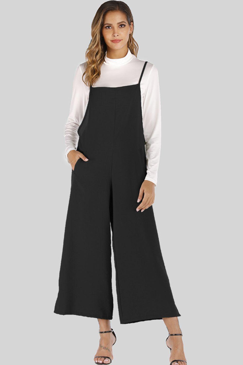 Full Size Cropped Wide Leg Overalls with Pockets - SteelBlue