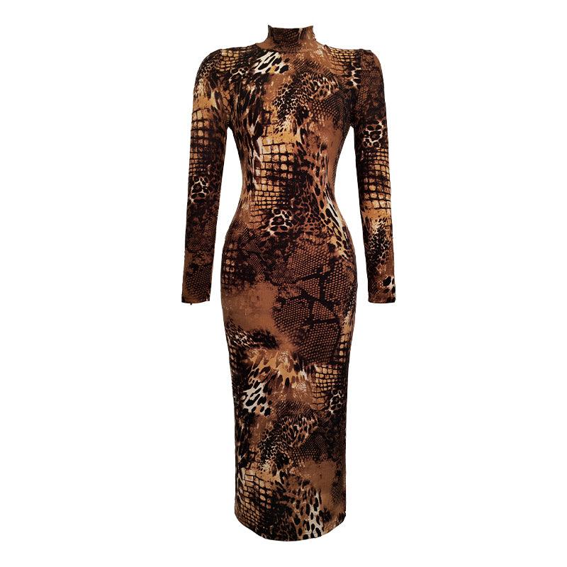 High Waist Leopard Print Dress - SteelBlue