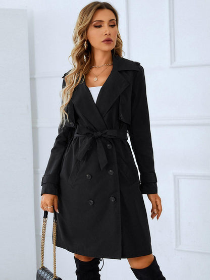 Lapel Collar Tie Belt Double-Breasted Trench Coat - SteelBlue