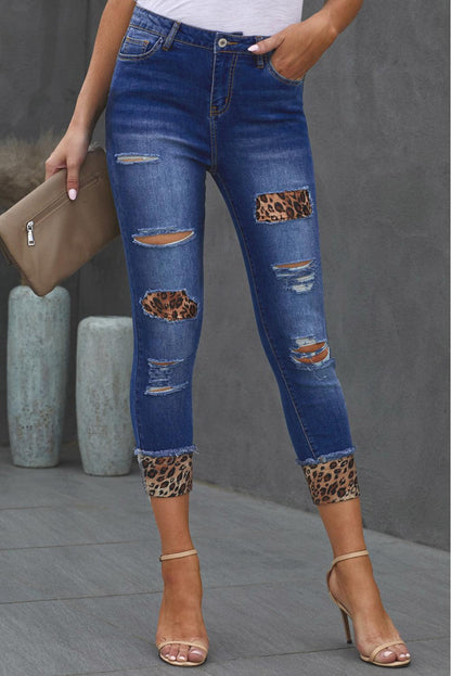 Leopard Patch Distressed Cropped Jeans - SteelBlue