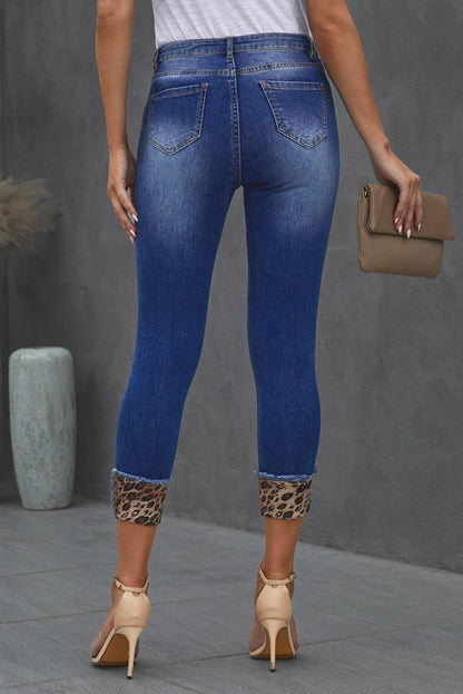 Leopard Patch Distressed Cropped Jeans - SteelBlue