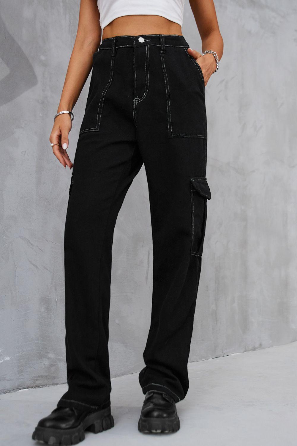 Long Straight Leg Jeans with Pockets - SteelBlue