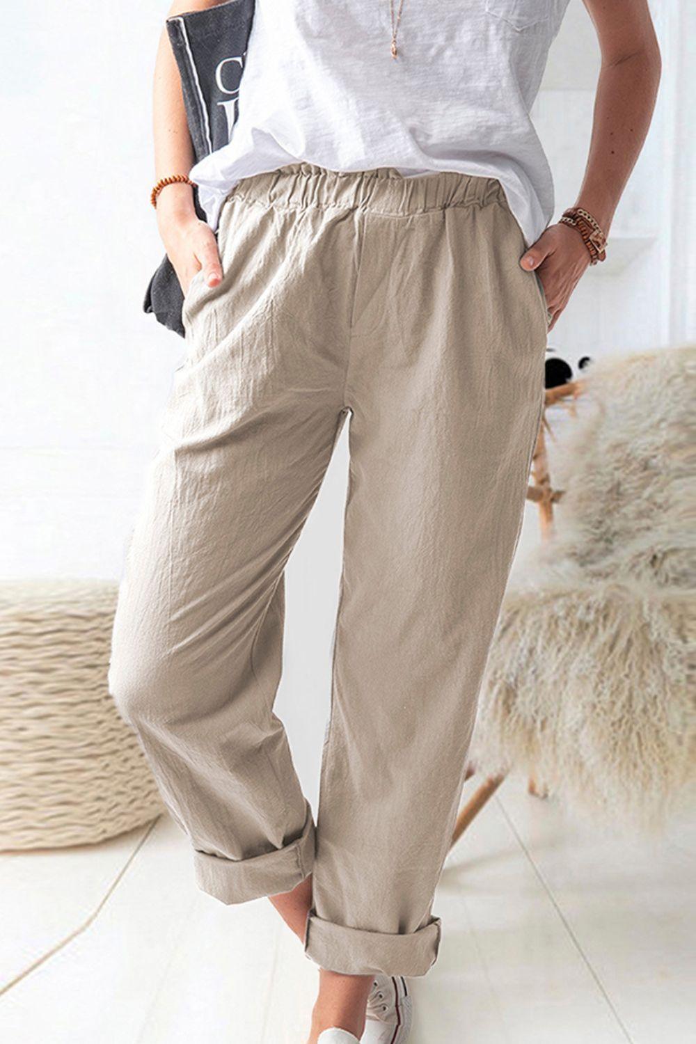 Paper bag Waist Pull-On Pants with Pockets - SteelBlue