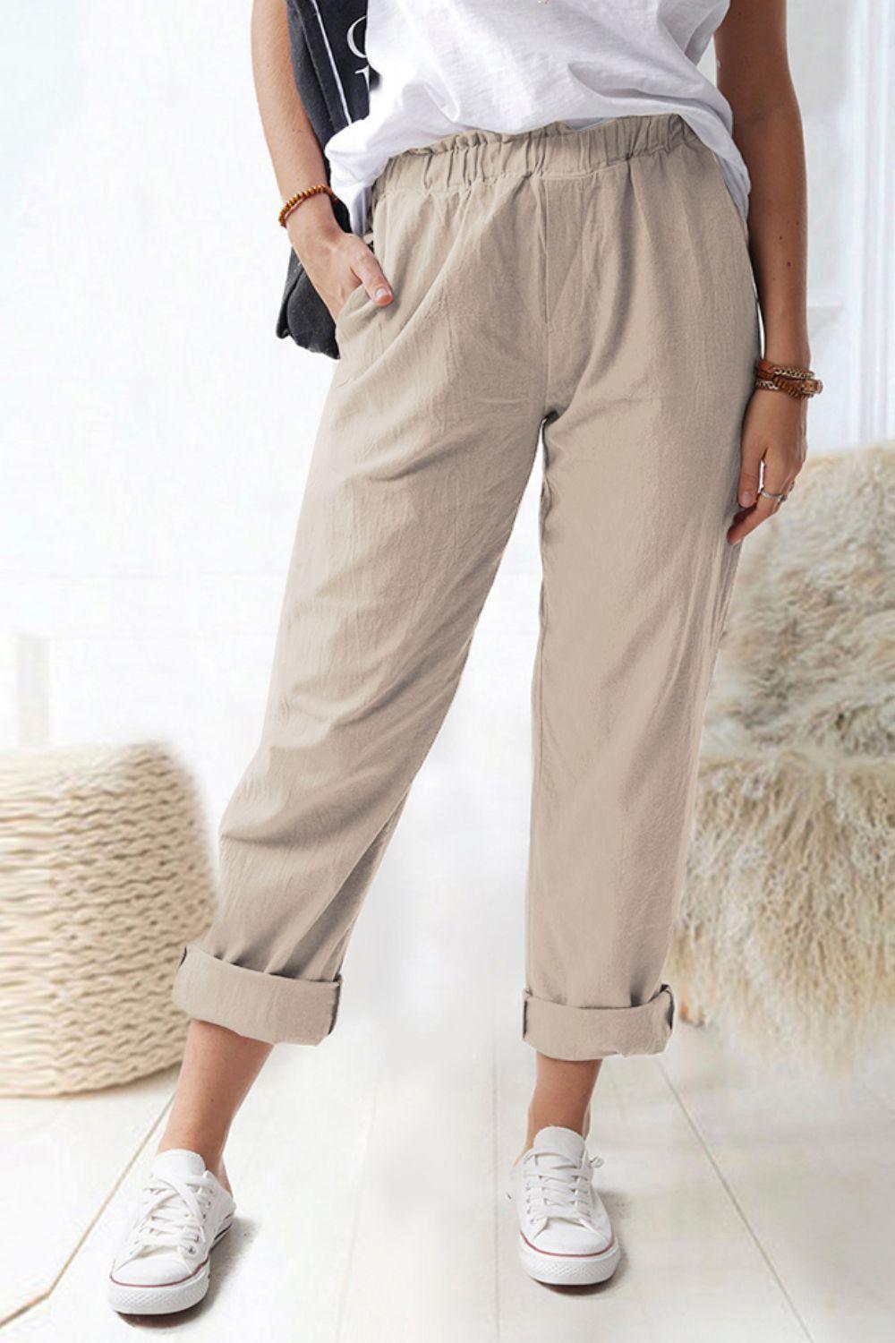 Paper bag Waist Pull-On Pants with Pockets - SteelBlue