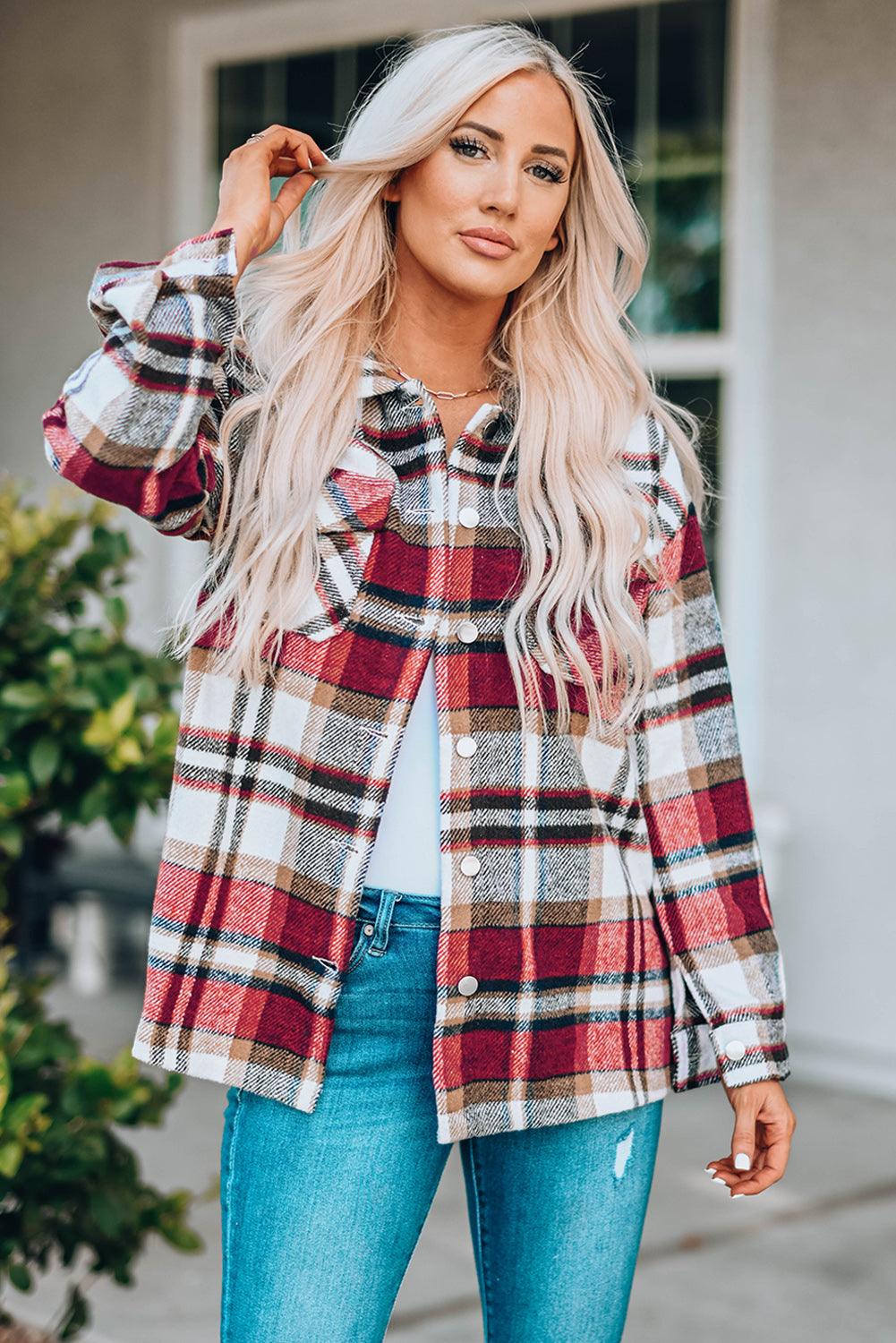 Plaid Button Front Shirt Jacket with Breast Pockets - SteelBlue