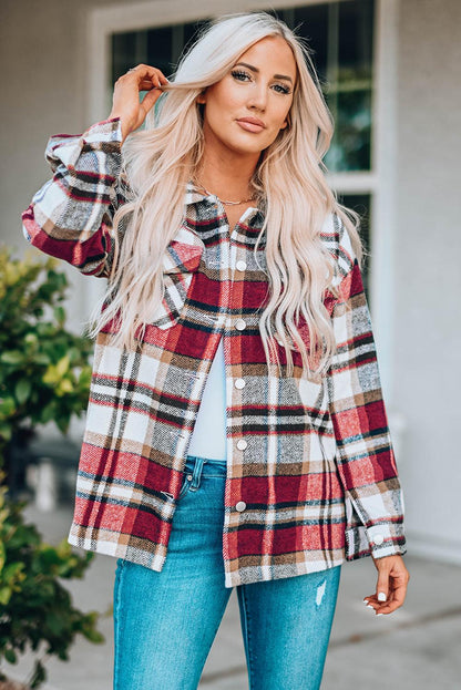 Plaid Button Front Shirt Jacket with Breast Pockets - SteelBlue
