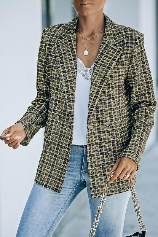 Plaid Double-Breasted Long Sleeve Blazer - SteelBlue