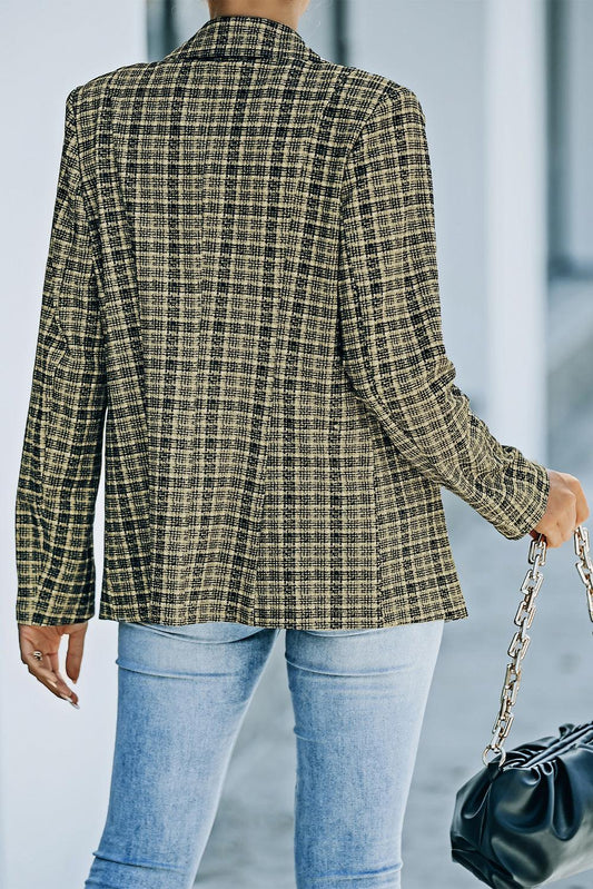 Plaid Double-Breasted Long Sleeve Blazer - SteelBlue