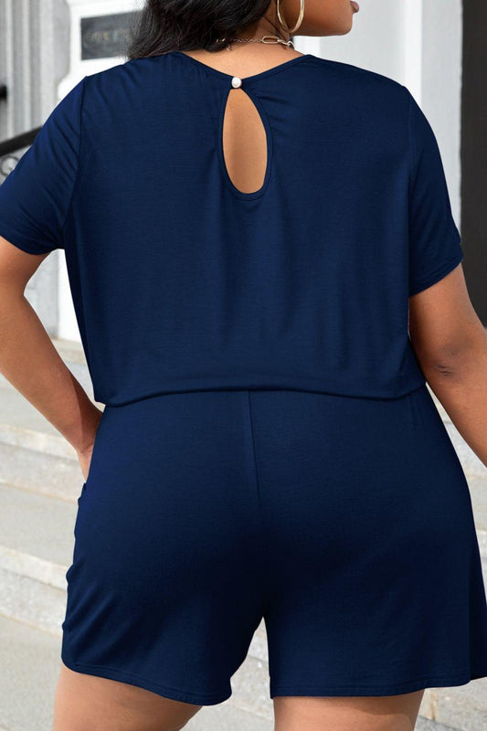 Plus Size Drawstring Waist Romper with Pockets - SteelBlue
