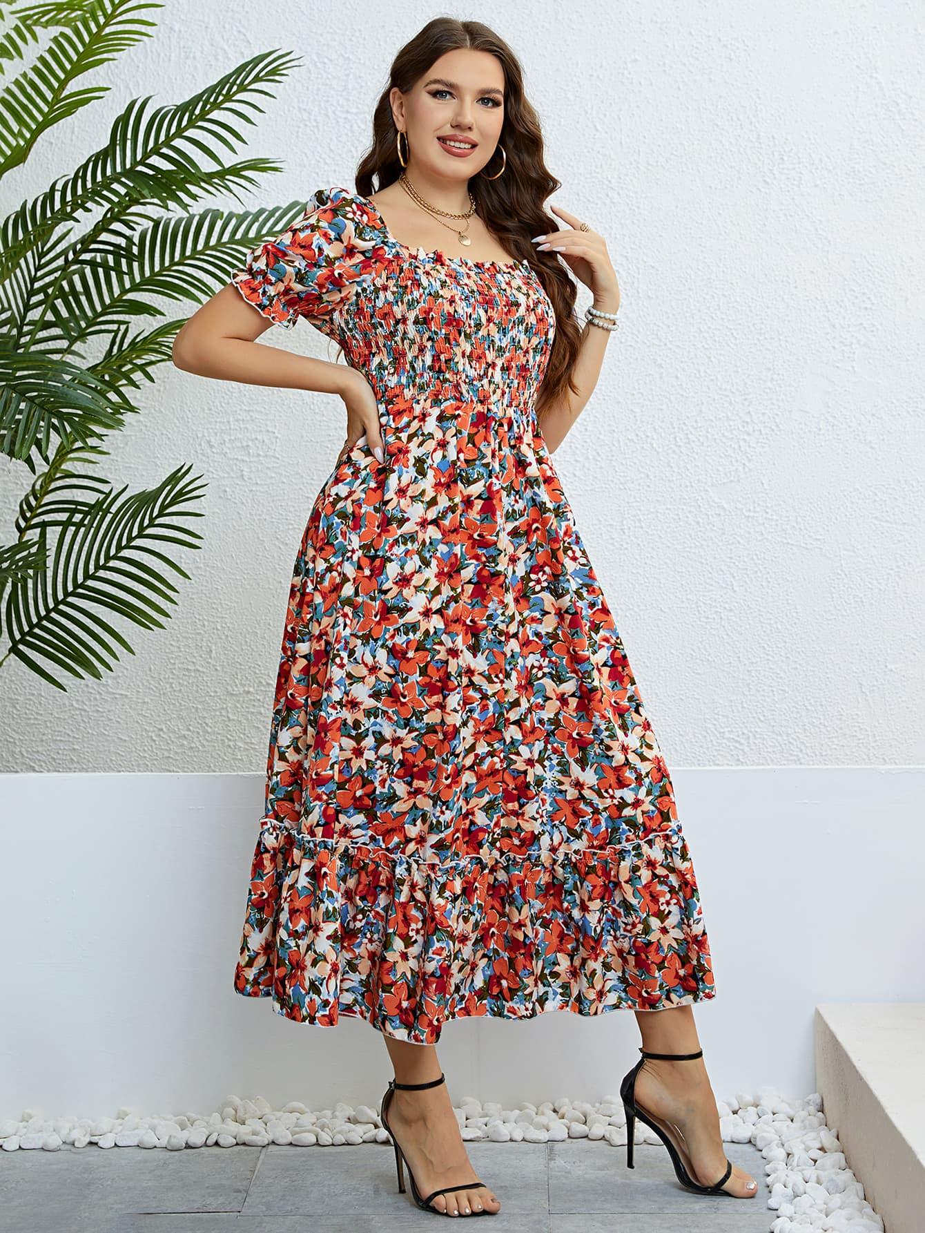 Plus Size Floral Smocked Square Neck Dress - SteelBlue