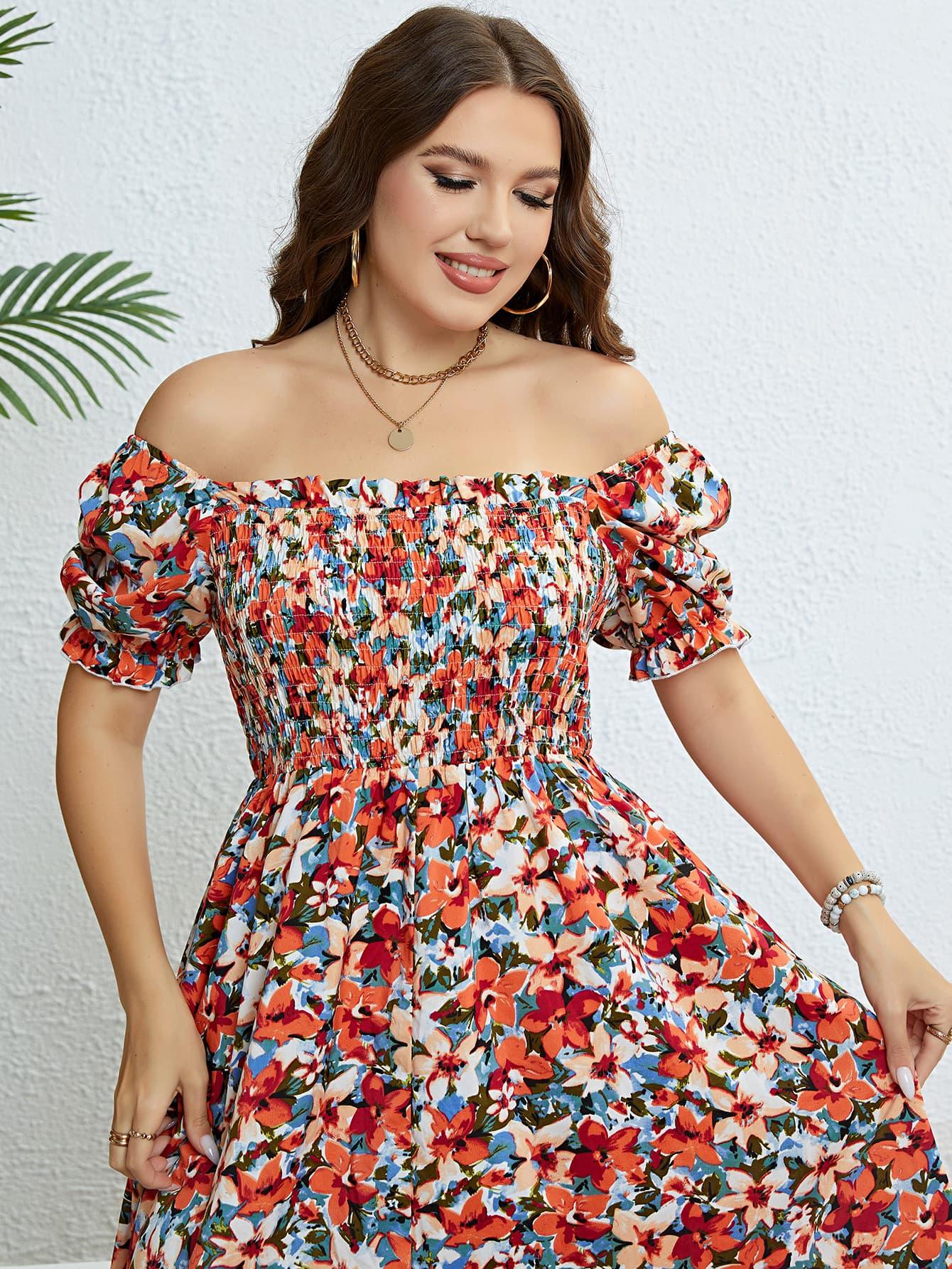 Plus Size Floral Smocked Square Neck Dress - SteelBlue