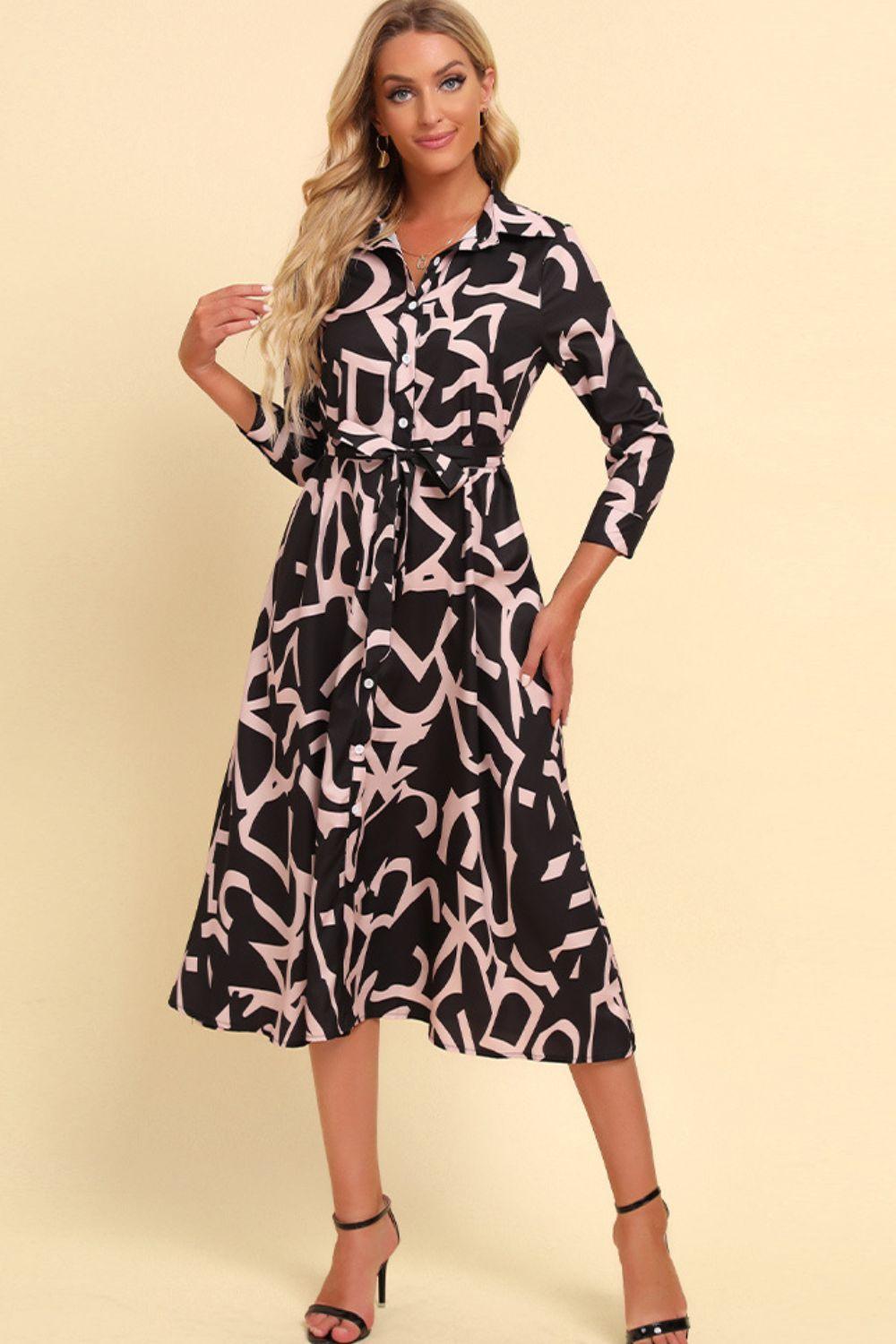 Printed Button Front Belted Midi Dress - SteelBlue