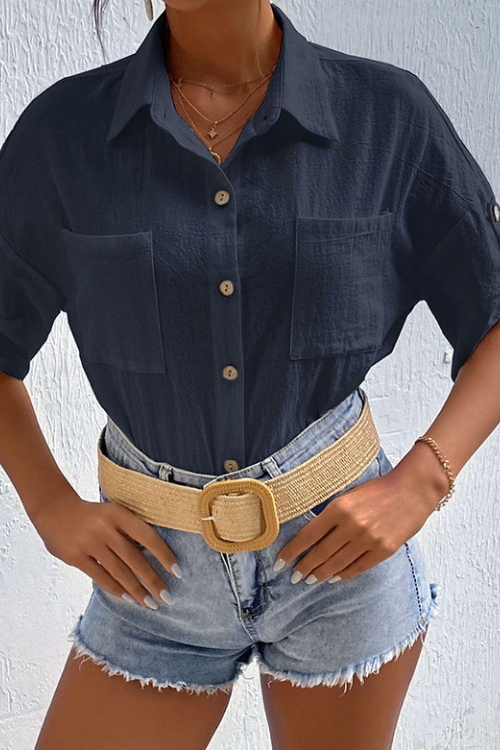 Roll-Tab Sleeve Shirt with Pockets - SteelBlue
