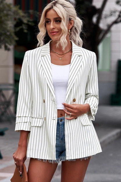 Striped Double-Breasted Long Sleeve Blazer - SteelBlue