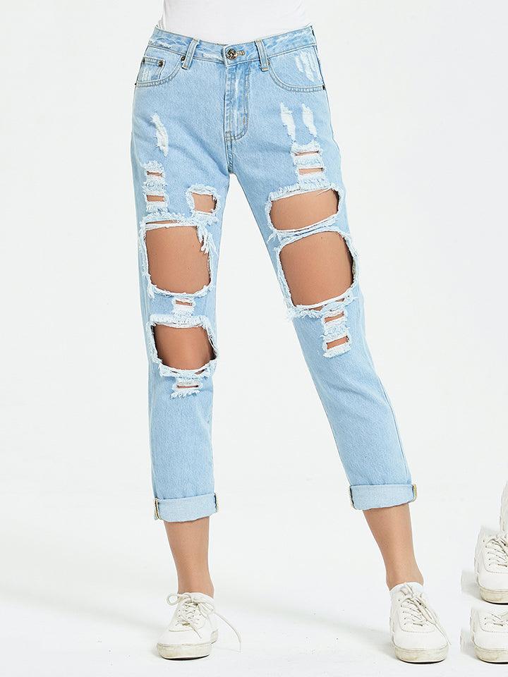 Buttoned Distressed Cropped Jeans - SteelBlue