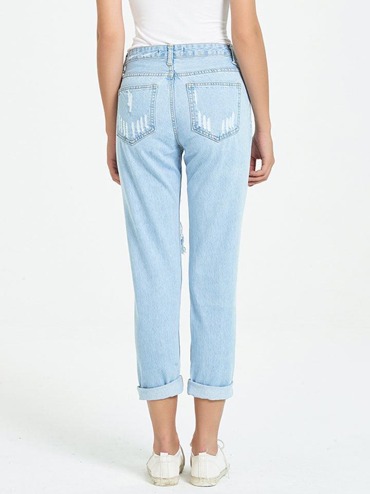 Buttoned Distressed Cropped Jeans - SteelBlue
