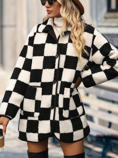 Checkered Button Front Coat with Pockets - SteelBlue & Co.
