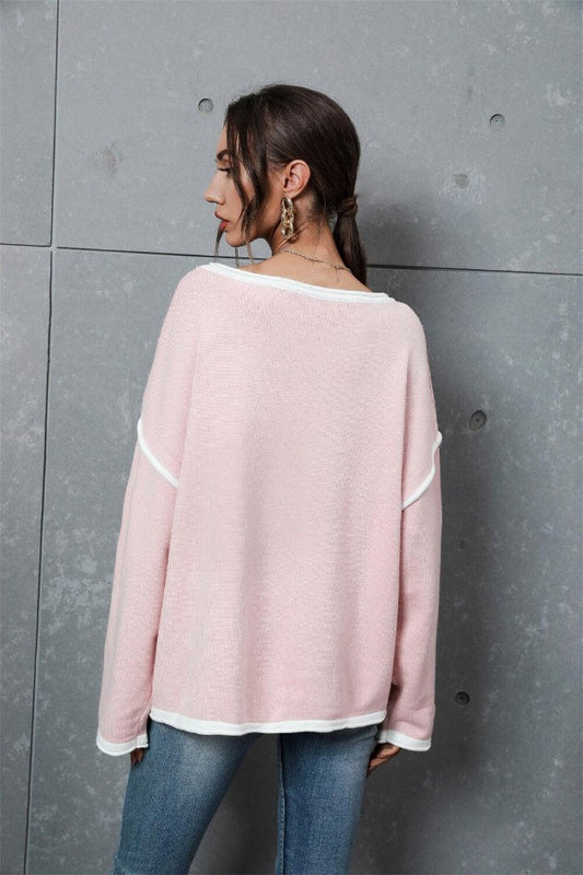 Contrast Detail Dropped Shoulder Pullover - SteelBlue