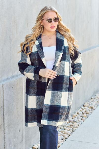 Double Take Full Size Plaid Button Up Lapel Collar Coat - SteelBlue & Co.