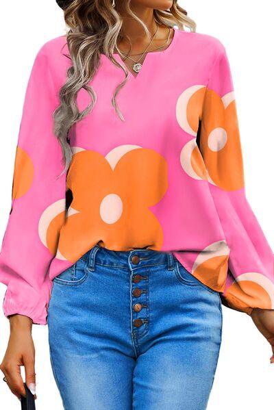 Flower Notched Balloon Sleeve Blouse - SteelBlue & Co.