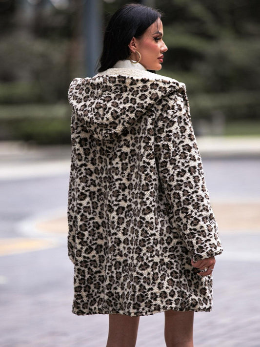 Leopard Hooded Coat with Pockets - SteelBlue