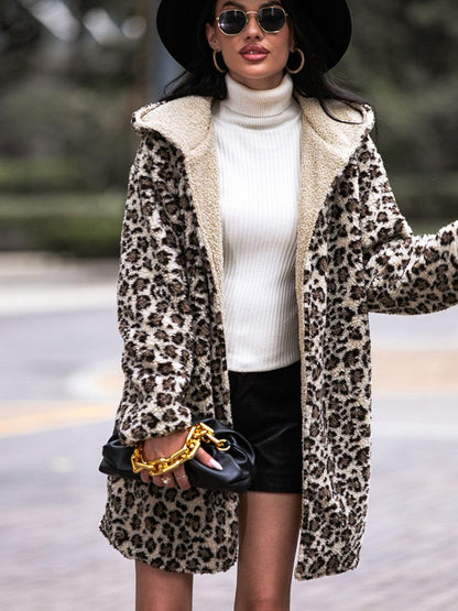 Leopard Hooded Coat with Pockets - SteelBlue