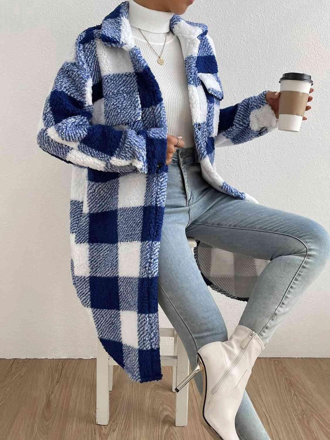Plaid Collared Neck Button Down Coat - SteelBlue & Co.