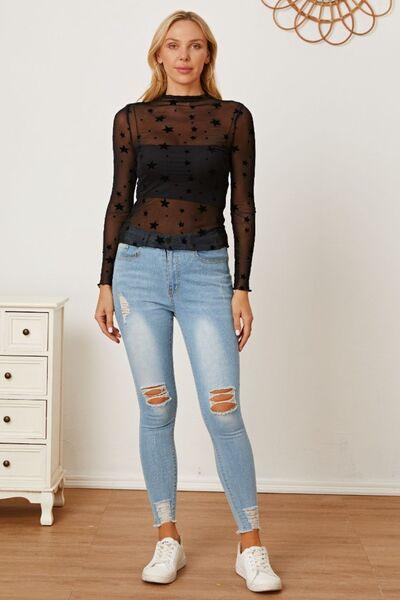 Star Pattern Mock Neck Long Sleeve Blouse - SteelBlue & Co.