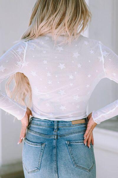 Star Pattern Mock Neck Long Sleeve Blouse - SteelBlue & Co.